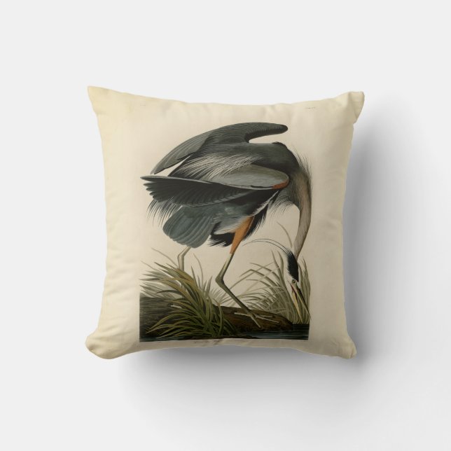 Audubon Great Blue Heron Marsh Bird Throw Pillow (Front)