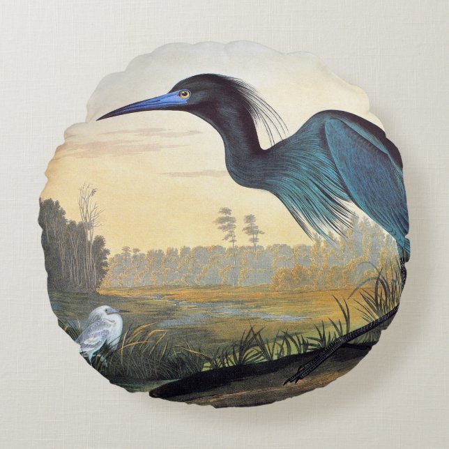 Audubon: Little Blue Heron Round Pillow (Front)