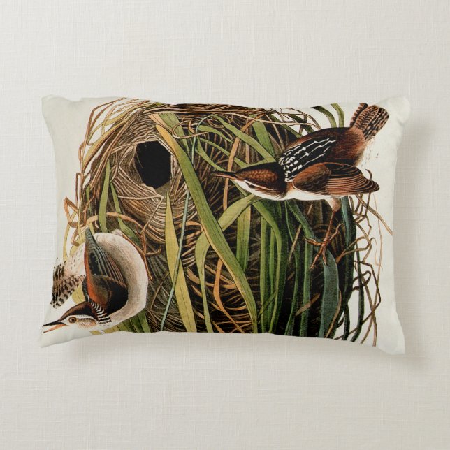 Audubon Marsh Wren Bird Art Accent Pillow (Back)