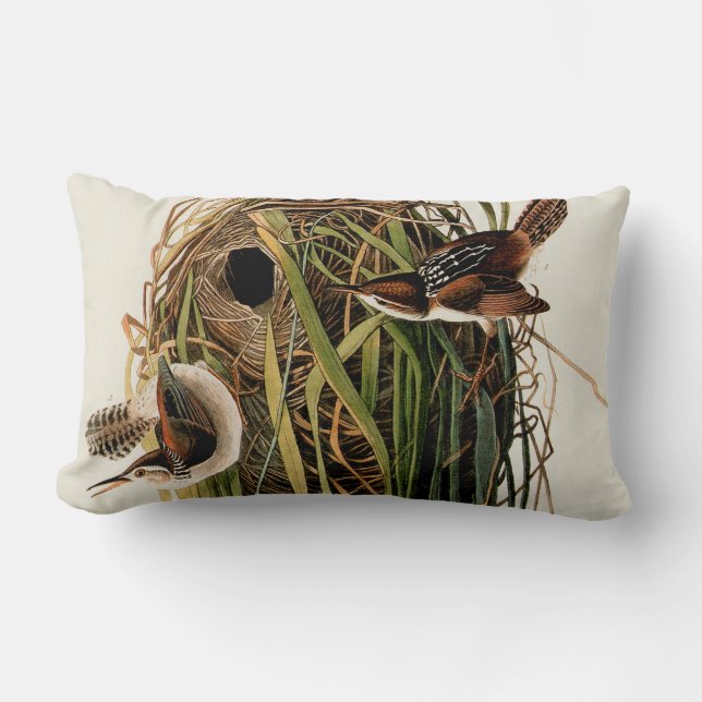 Audubon Marsh Wren Bird Art Lumbar Pillow (Front)