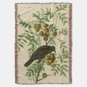 Audubon Purple Grackle Bird Print Vintage Botanic Throw Blanket