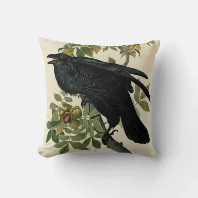 Audubon Raven Bird Classic Artwork Throw Pillow (Front)