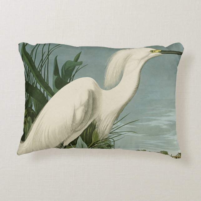 Audubon Snowy Heron White Egret Bird Birding Accent Pillow (Back)