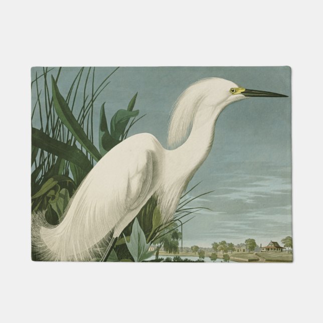 Audubon Snowy Heron White Egret Bird Birding Doormat (Front)