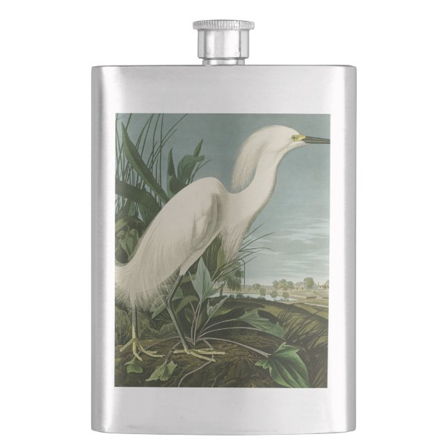 Audubon Snowy Heron White Egret Bird Birding Hip Flask (Front)