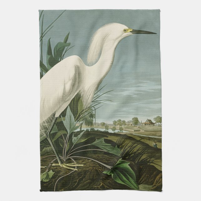 Audubon Snowy Heron White Egret Bird Birding Kitchen Towel (Vertical)