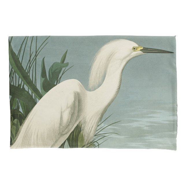 Audubon Snowy Heron White Egret Bird Birding Pillowcase (Front)