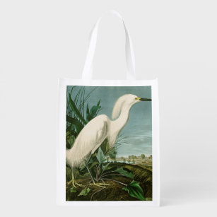 Audubon Snowy Heron White Egret Bird Birding Reusable Grocery Bag