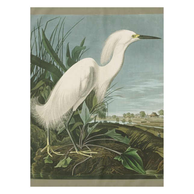 Audubon Snowy Heron White Egret Bird Birding Tablecloth (Front)