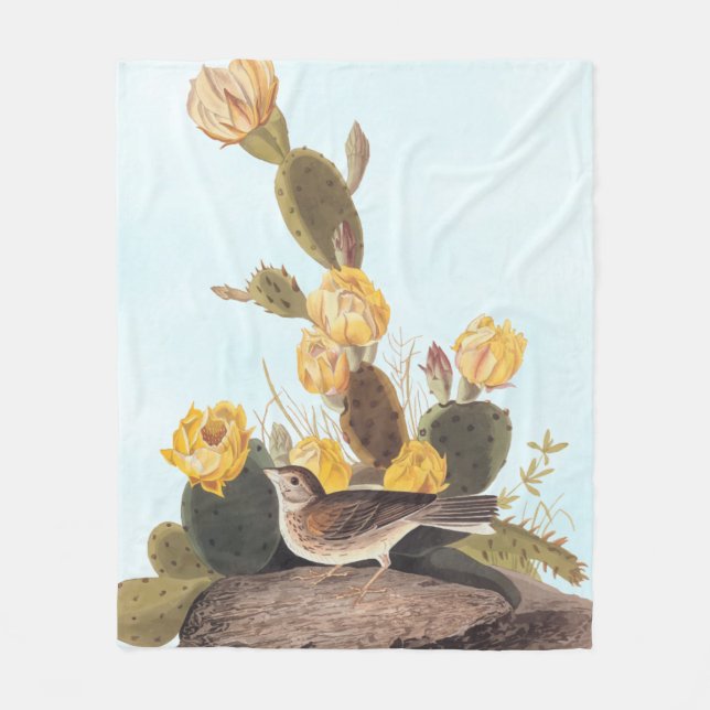 Audubon Vesper Sparrow and Prickly Pear Cactus Fleece Blanket (Front)