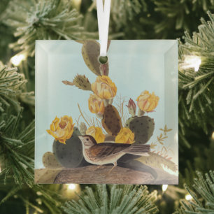 Audubon Vesper Sparrow and Prickly Pear Cactus Glass Ornament
