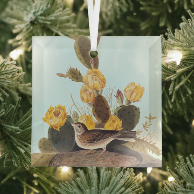 Audubon Vesper Sparrow and Prickly Pear Cactus Glass Ornament (Insitu)