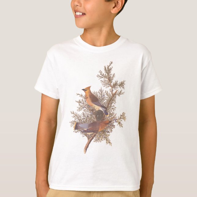 Audubon's Cedar Waxwing Bird Pair on Juniper Tree T-Shirt (Front)