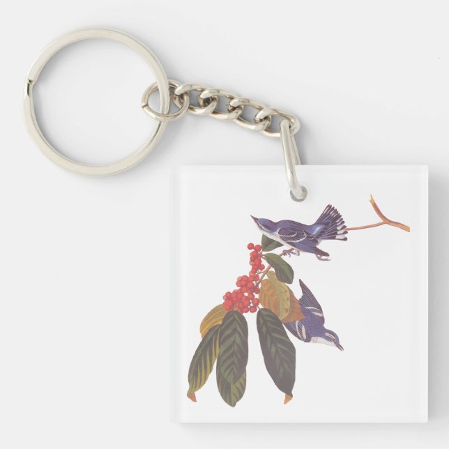 Audubon's Cerulean Warbler Birds with Bear Berries Keychain (Front)