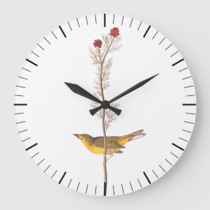 Audubon's Hooded Warbler Bird on Red Flower Large Clock