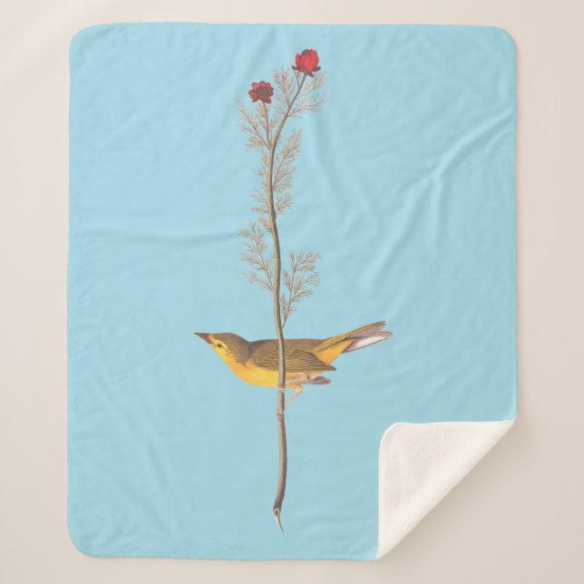 Audubon's Hooded Warbler Bird on Red Flower Sherpa Blanket (Front)