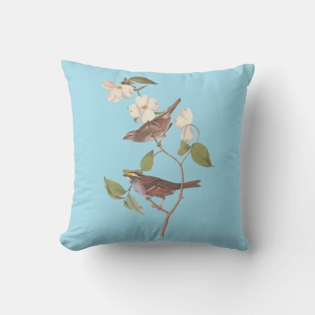 Audubon's White Throated Sparrow on Blue Throw Pillow (Front)