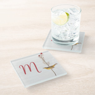 Audubon's Yellow Bird on Flower with Monogram Glass Coaster