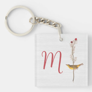 Audubon's Yellow Bird on Flower with Monogram Keychain