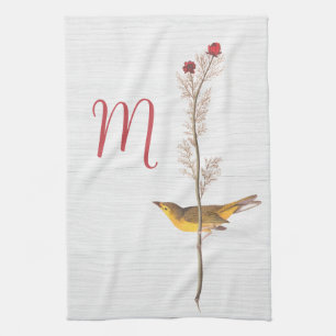 Audubon's Yellow Bird on Flower with Monogram Kitchen Towel