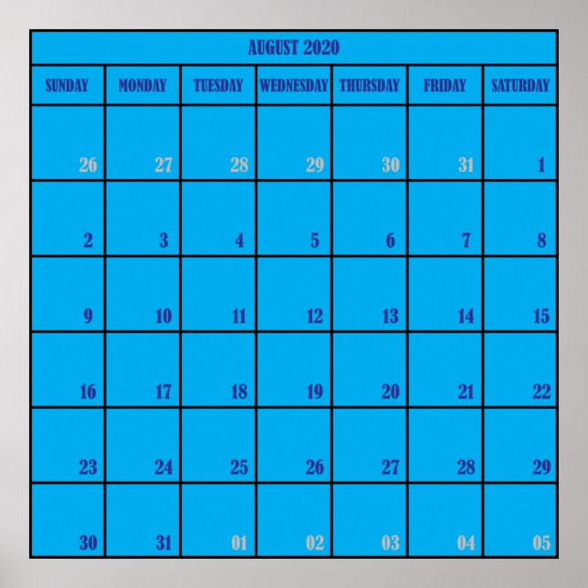 August 2020 monthly planer calendar poster (Front)