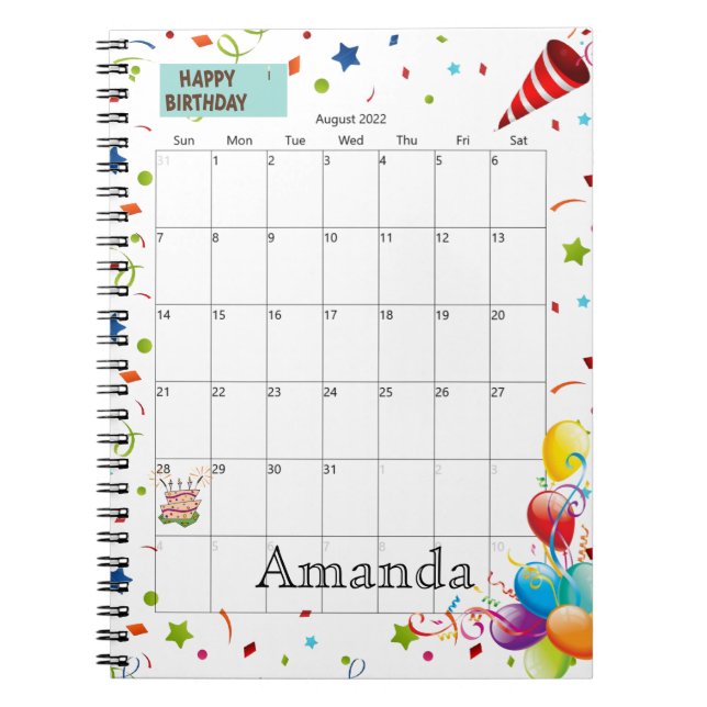 August 2022 Calendar Happy Birthday Notebook (Front)