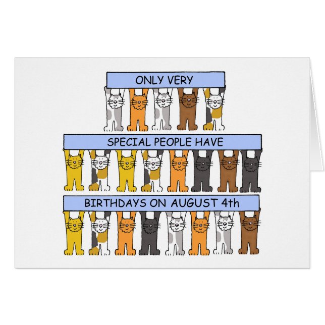 August 4th Birthday, Cartoon Cats. (Front Horizontal)