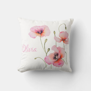 August birth flower Pink poppy Watercolor Floral Throw Pillow