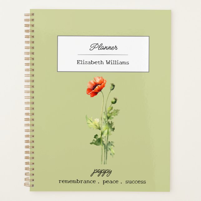 August Birth Flower Poppy Symbol of Peace Success Planner (Front)