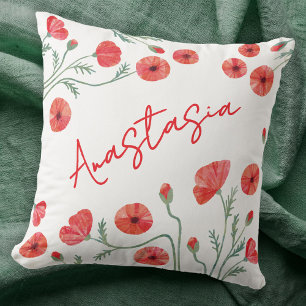 August Birth Month Flower Poppy Personalized Throw Pillow
