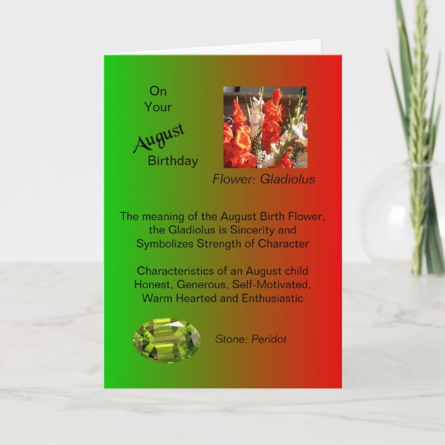 August Birthday Card - Gladiolus and Peridot (Front)