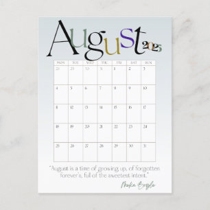 August Grey Modern Monthly Calendar 2025 Postcard