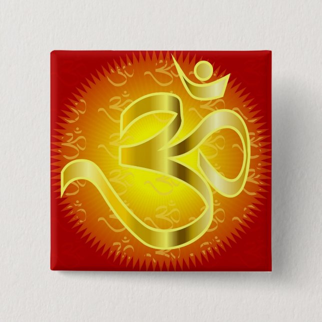 Aum or Om Symbol in yellows & reds 2 Inch Square Button (Front)