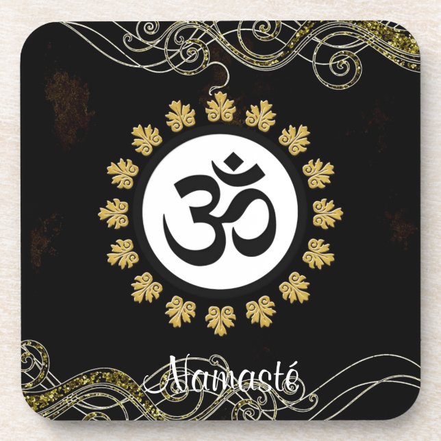Aum Symbol Mantra Meditation Black and Gold Coaster (Front)