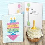 Aunt 60th Birthday Cake Number Candles  Card<br><div class="desc">A birthday card for your 60 year old Aunt. "Happy Birthday" is on each layer of the cake with pink decorative icing separating them. A subtle background of yellow and blue anchors the design. Bright colours and a bold graphic styling give this birthday wish a festive feel. You can also...</div>