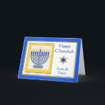 Aunt and Uncle Chanukah Contemporary Menorah Card<br><div class="desc">Happy Chanukah Aunt and Uncle,  contemporary menorah with blue candles,  paper greeting card. Digital illustration with a lit menorah and a Star of David. Art,  image,  and verse copyright © Shoaff Ballanger Studios,  2024.</div>