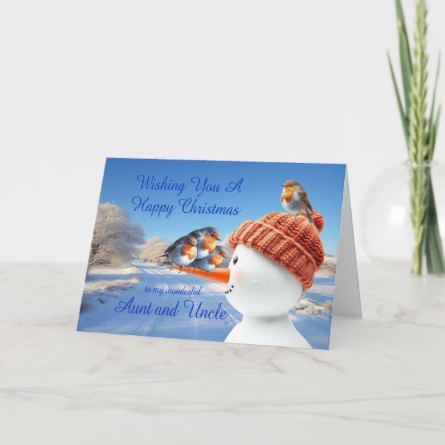 Aunt and Uncle Robins and Snowman Christmas Holiday Card (Front)