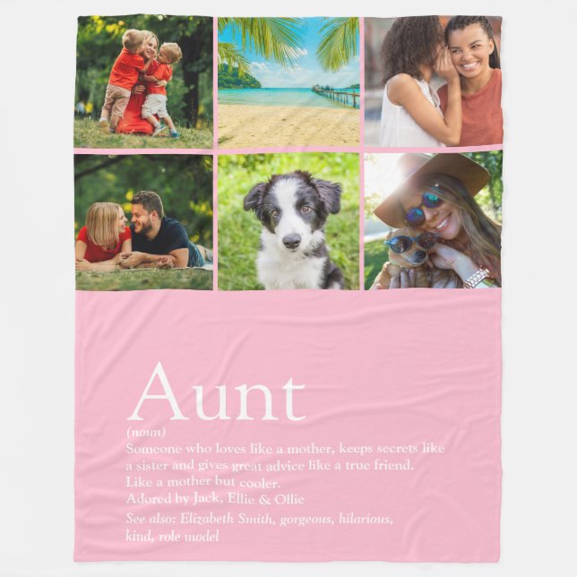 Aunt Auntie Definition 6 Photo Collage Pink Fleece Blanket (Front)