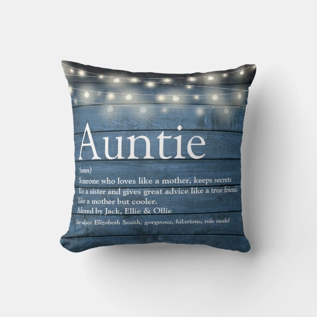 Aunt Auntie Definition String Lights Blue Rustic Throw Pillow (Front)