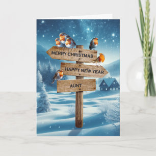 Aunt Christmas Robins on a Signpost Holiday Card