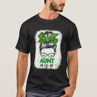 Aunt Clover Messy Bun Leopard Funny St Patrick's D T-Shirt