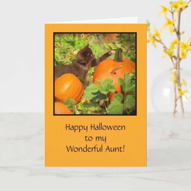 Aunt Happy Halloween with Cute Kitten and Pumpkins Card (Yellow Flower)
