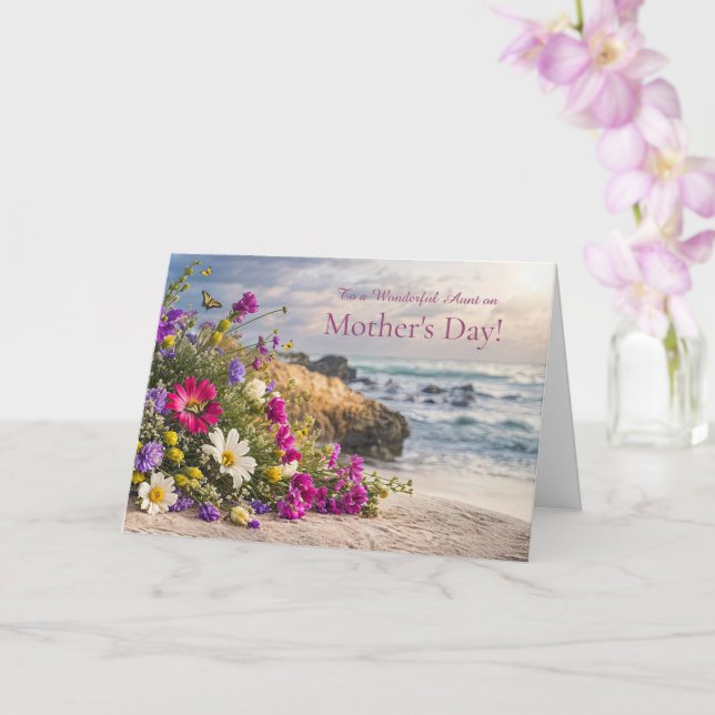 Aunt Happy Mothers Day with Flowers on the Beach Card (Orchid)