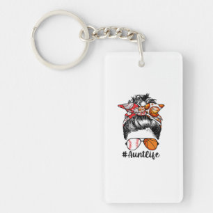 Aunt Life Baseball Basketball Aunt Messy Bun Keychain