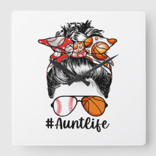 Aunt Life Baseball Basketball Aunt Messy Bun Square Wall Clock