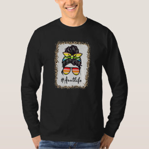 Aunt Life Bleached Auntlife Leopard Messy Bun Moth T-Shirt