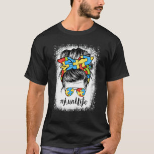 Aunt Life Messy Bun Hair Bandana Glasses Autism T-Shirt