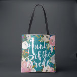 Aunt of the Bride Brushed Floral Wedding Tote Bag<br><div class="desc">Custom colour background and all over printing with painted floral edges. Aunt of the Bride in brush script on one side and name on the back. Customize to change the background colour (turquoise). Black looks amazing too. The gorgeous painted florals are by Create the Cut. Find them on Creative Market...</div>