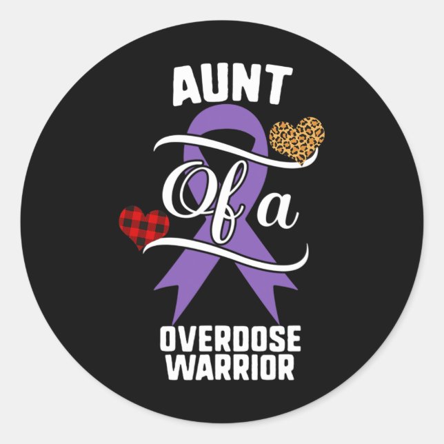 Aunt Overdose Awareness Leopard Buffalo Plaid Fami Classic Round Sticker (Front)