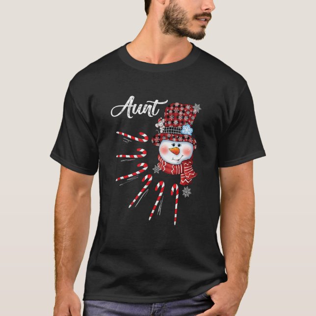 Aunt Snowman Candy Cane Christmas Red Plaid Hat T-Shirt (Front)